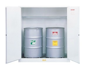 Flammable Waste Vertical Drum Safety Cabinet, Steel, Cap. 110-gallons, 1 shelf, 2 mc doors, White
