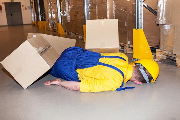 Worker in hard hat hit by cardboard in warehouse