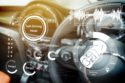 self driving vehicle interior with futuristic graphic overlay