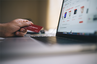 person holding credit card before computer