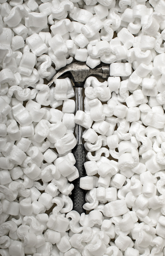 Hammer protected from packing peanuts