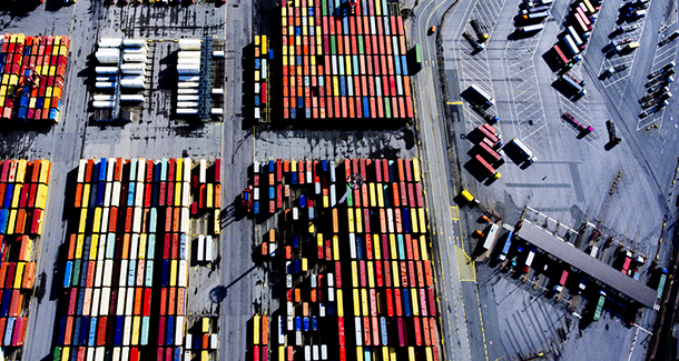 aerial view freight containers shipyard