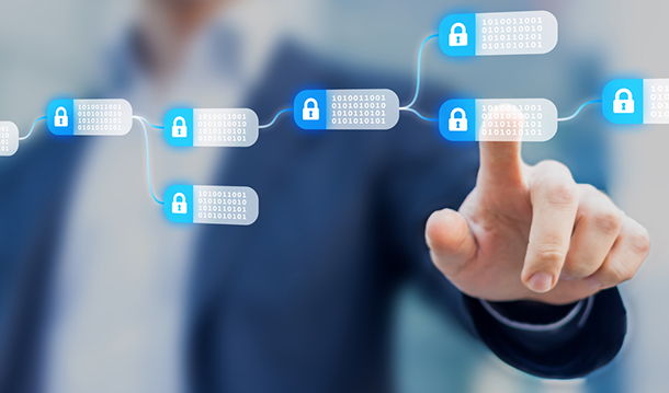 blockchain concept person touching encrypted blocks