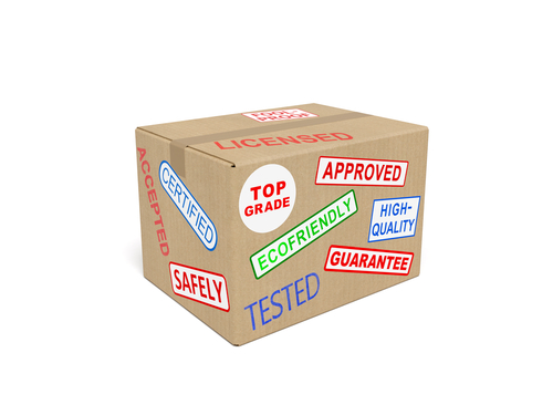 cardboard box with production stickers