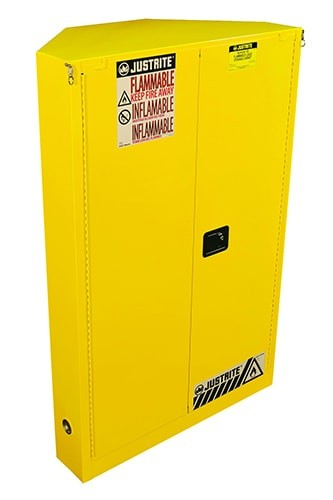 SURE-GRIP® EX CORNER FLAMMABLE SAFETY CABINET, CAP. 45 GALLONS, 2 SHELVES, 2 SELF-CLOSE DOORS