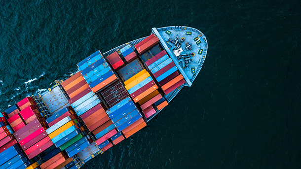 Aerial top view container cargo ship