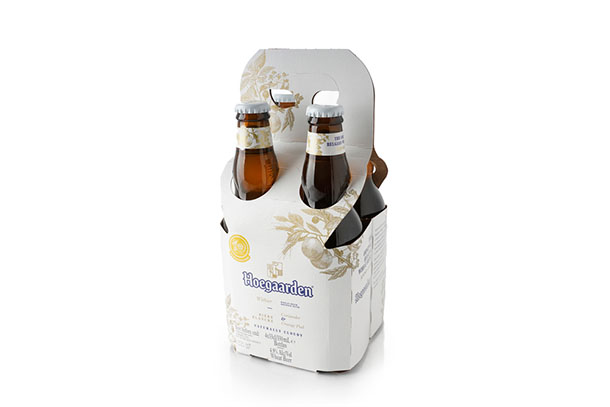 Buenos Aires, Argentina - August 19, 2020. Four Pack of Hoegaarden beer isolated on white background. Alcoholic beverage
