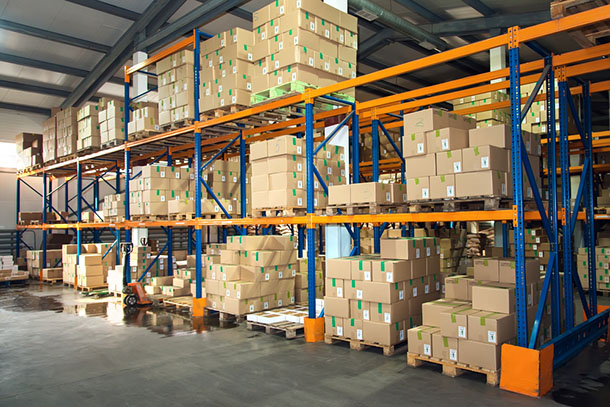 shelves packed with shipping boxes